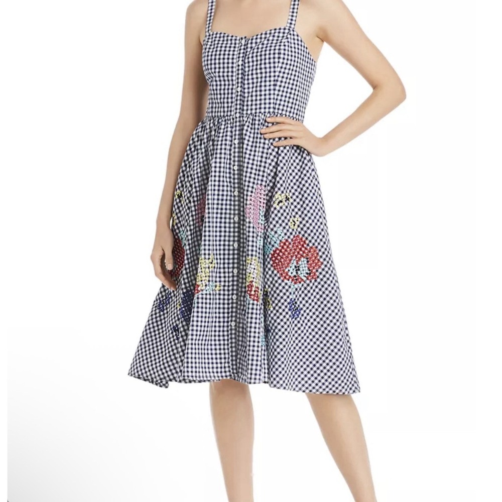 French Connection Women Indigo/White‎ Multi Checkered Embroidered Dress Xxs 2